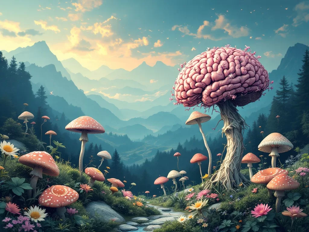 A serene and hopeful landscape featuring mushrooms and brain imagery, symbolizing the therapeutic promise of psilocybin in addressing mental health and neurological conditions such as Alzheimer's and dementia. The image conveys a sense of healing and innovation in psychedelic therapy