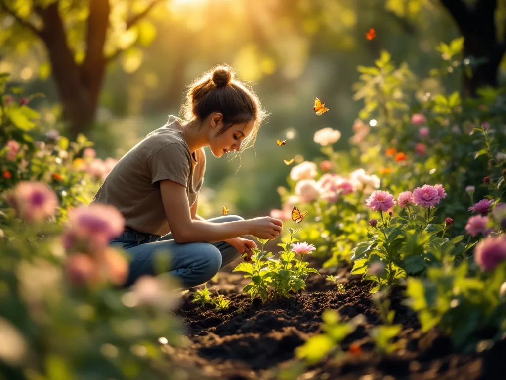 Woman peacefully gardening in a sunlit garden with blooming flowers