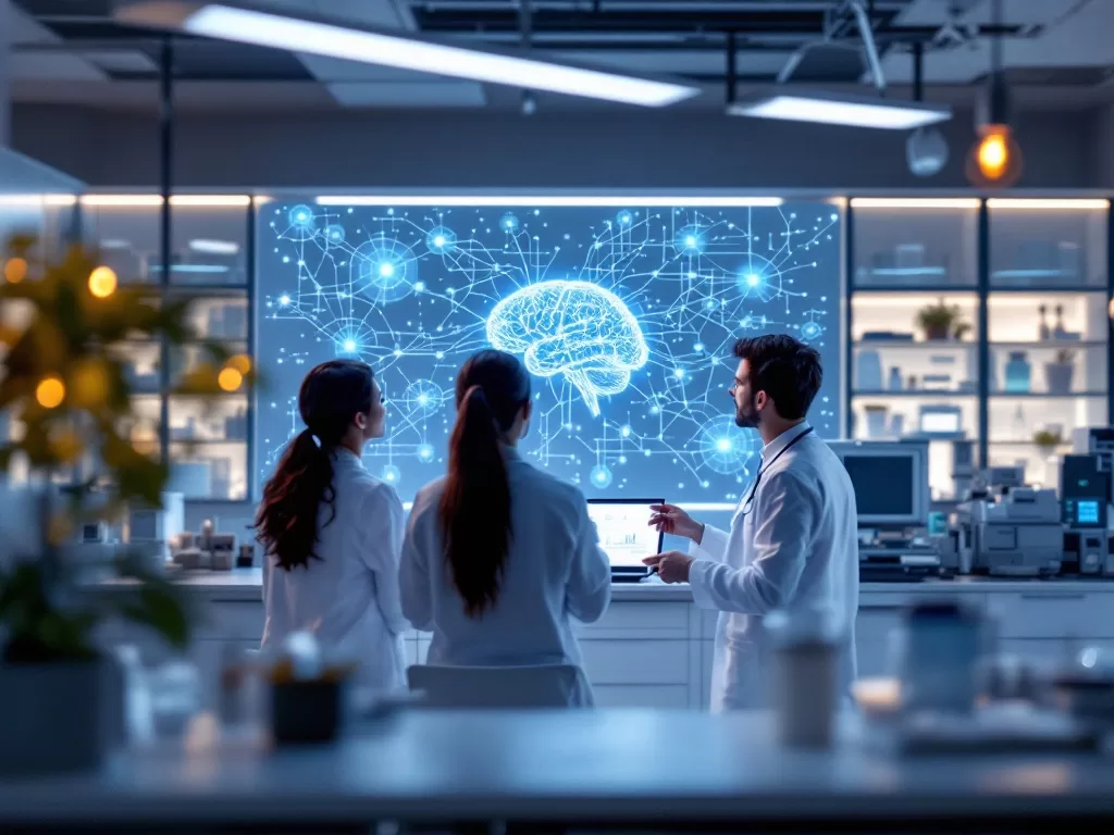 Modern medical research laboratory with scientists analyzing data. A large screen displays blue neural network visualizations while researchers in white coats work at clean, state-of-the-art equipment. The space is illuminated with soft, professional lighting creating an atmosphere of scientific progress and hope