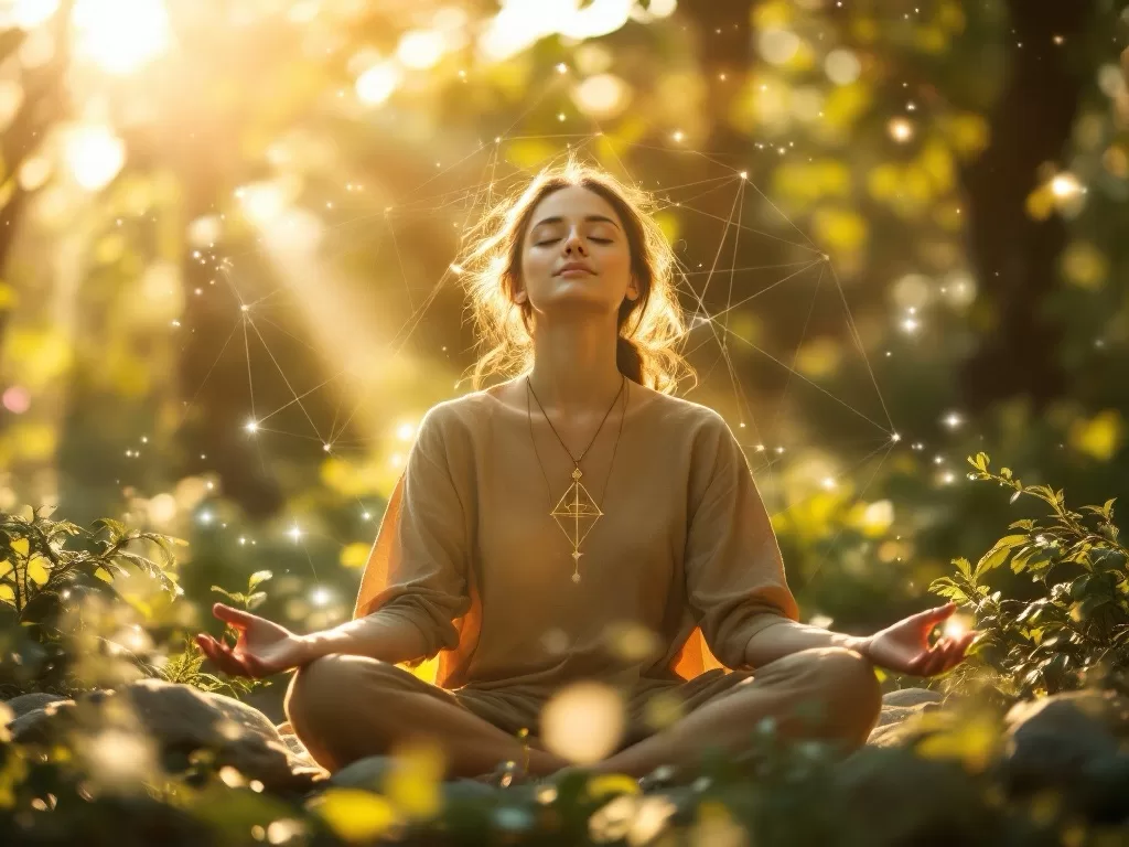 Woman meditating in a sunlit forest surrounded by glowing geometric patterns and natural light rays.