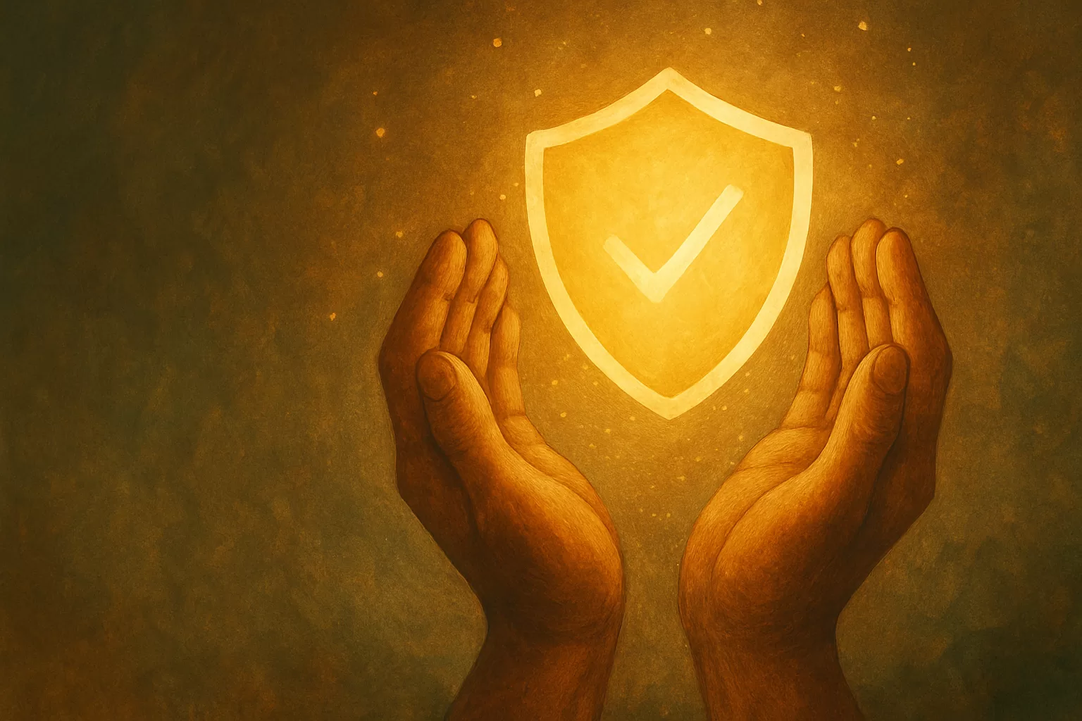 Cupped hands holding a glowing golden shield with a checkmark, symbolizing safety and protection in a sacred, supportive space.