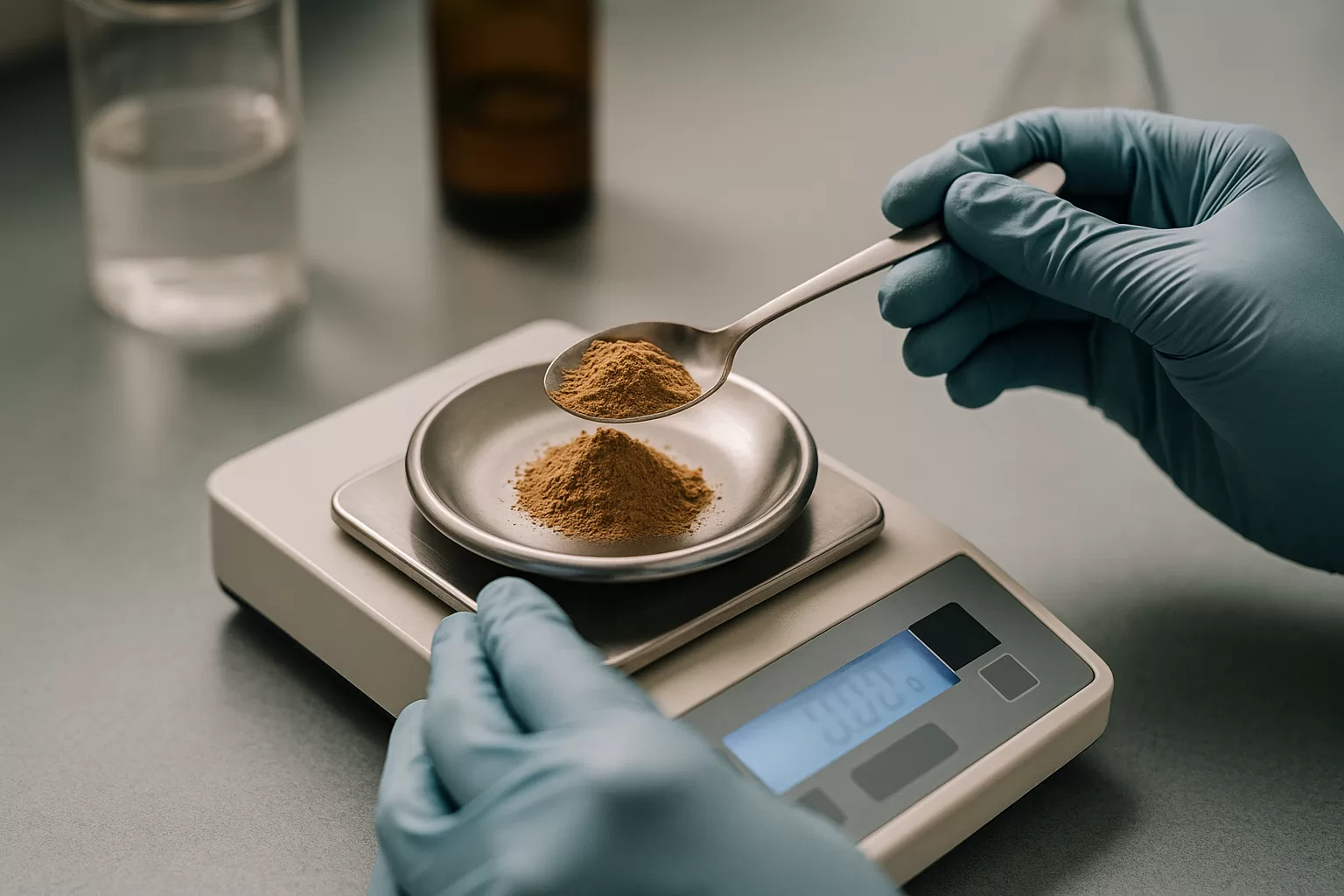 Gloved hands weighing light brown mushroom powder on a digital lab scale with sterile equipment in the background.