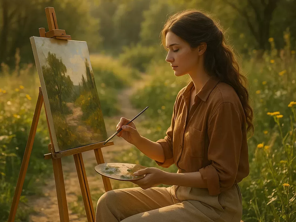 Woman painting outdoors on an easel in a sunlit meadow, surrounded by wildflowers and trees at golden hour.