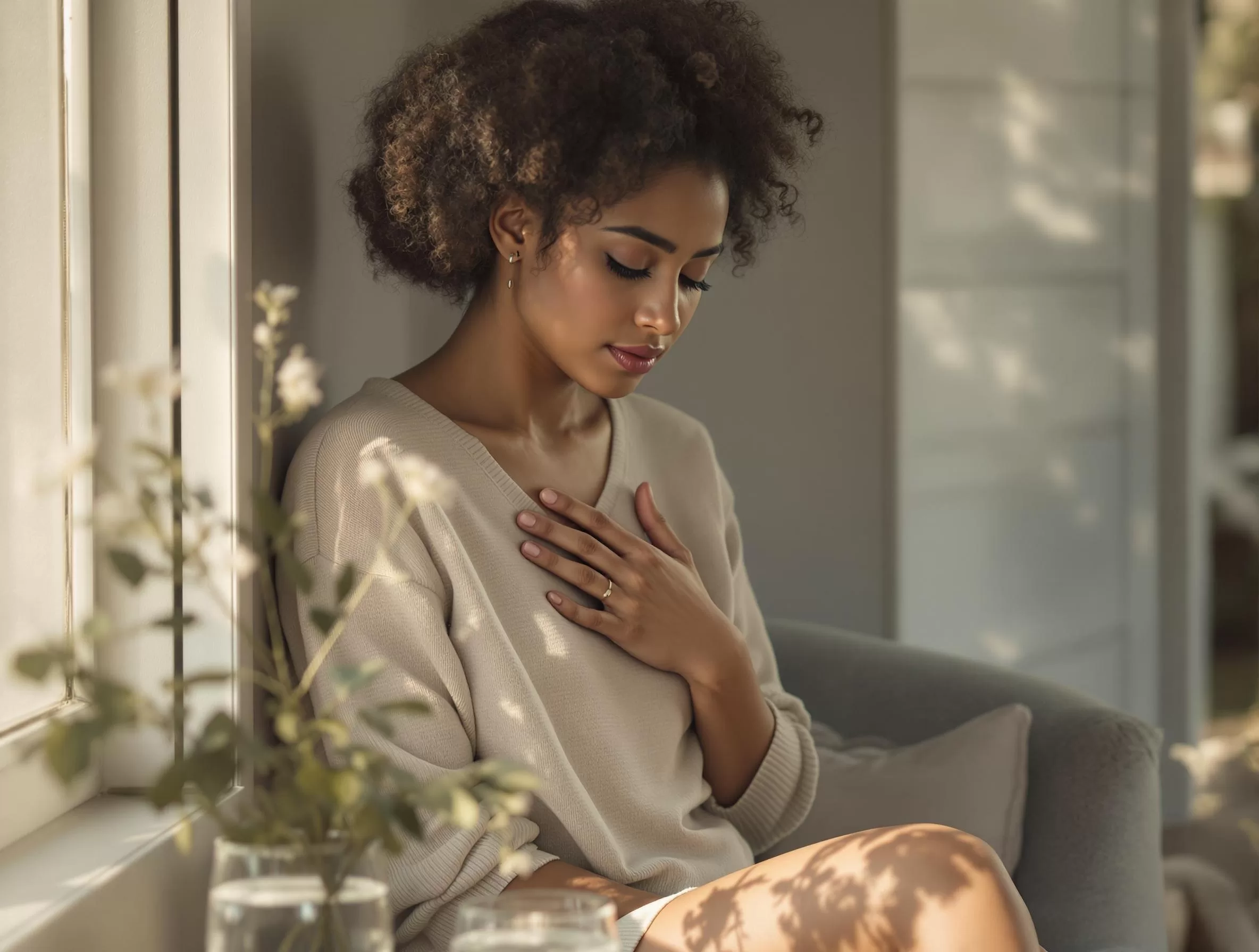 Tender image of a person in quiet self-reflection, hand over heart, representing the gentle journey from emotional numbness back to feeling through microdosing support