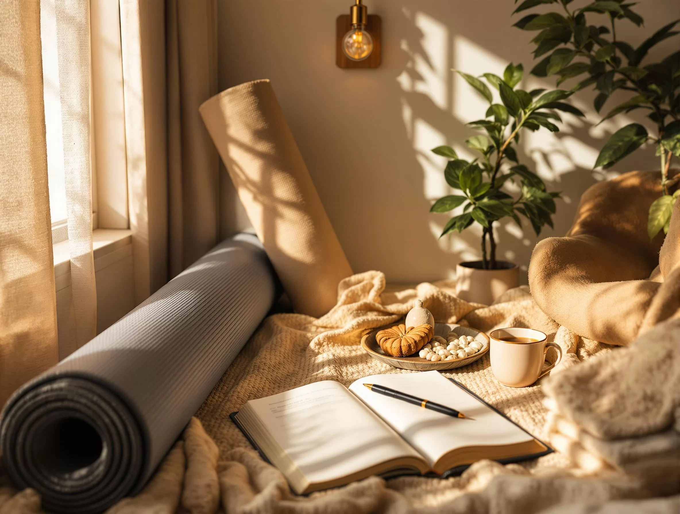 Peaceful scene of someone engaged in reflective practices like journaling or breathwork, representing the supportive activities that enhance microdosing's healing potential
