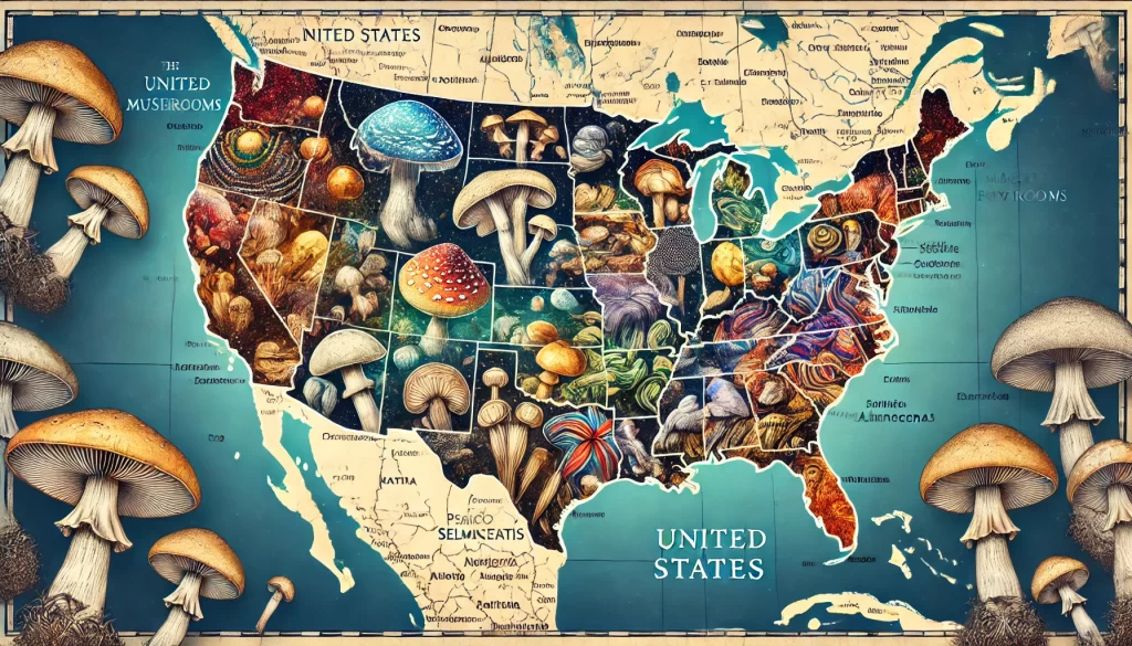a retro style united states map with mushrooms overlaid on all the states.