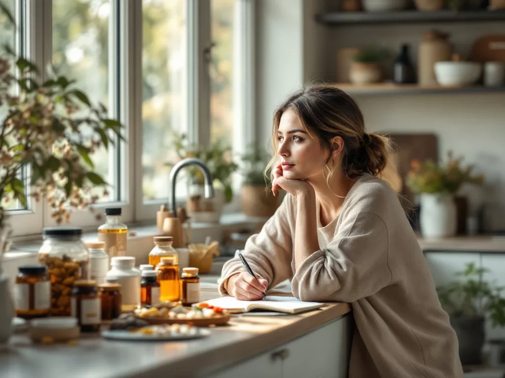 Woman thoughtfully examining prescription bottles while considering natural wellness alternatives