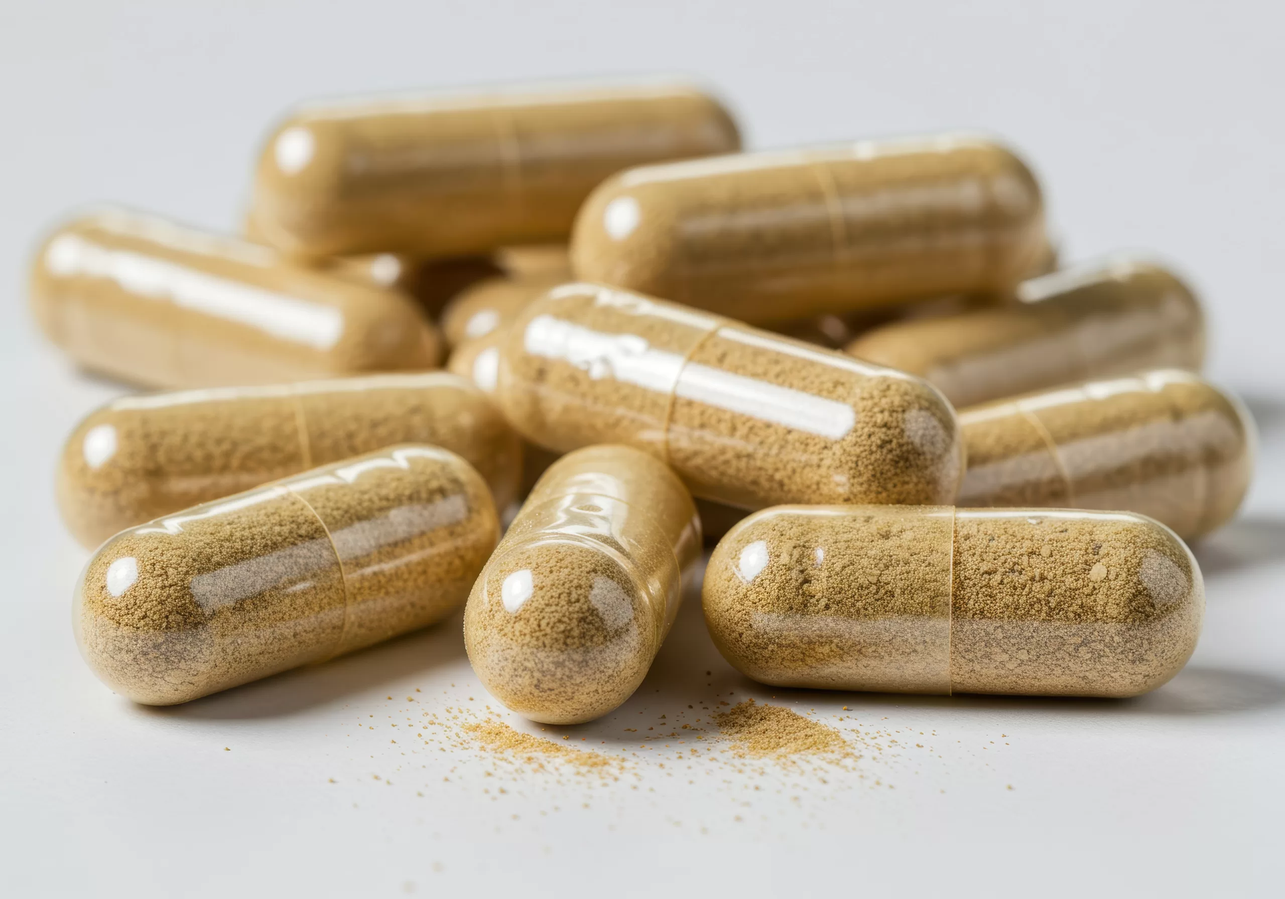 High-quality psilocybin microdosing capsules with visible light brown mushroom powder, showcasing NLYTN's pure, no-filler approach to psychedelic medicine