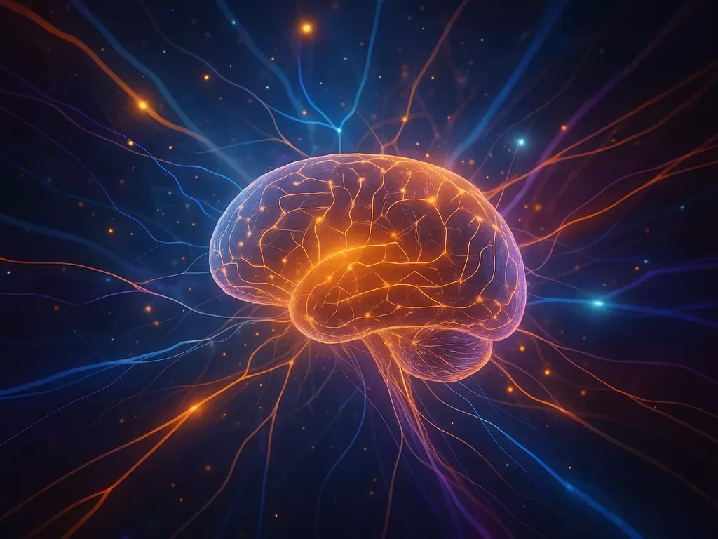 Illustration of a glowing brain with vibrant neural connections radiating outward, symbolizing psychedelic-induced brain rewiring.