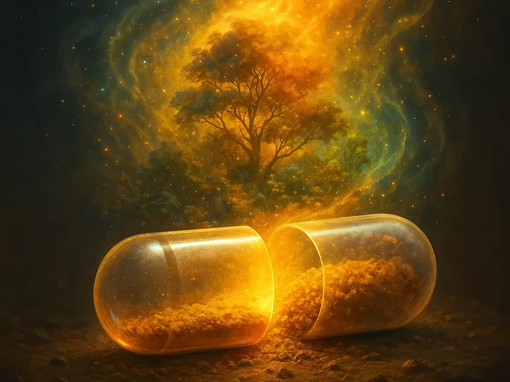 Glowing capsule spilling light brown powder, transforming into a surreal landscape with a radiant tree and cosmic sky, symbolizing psychedelic transformation.