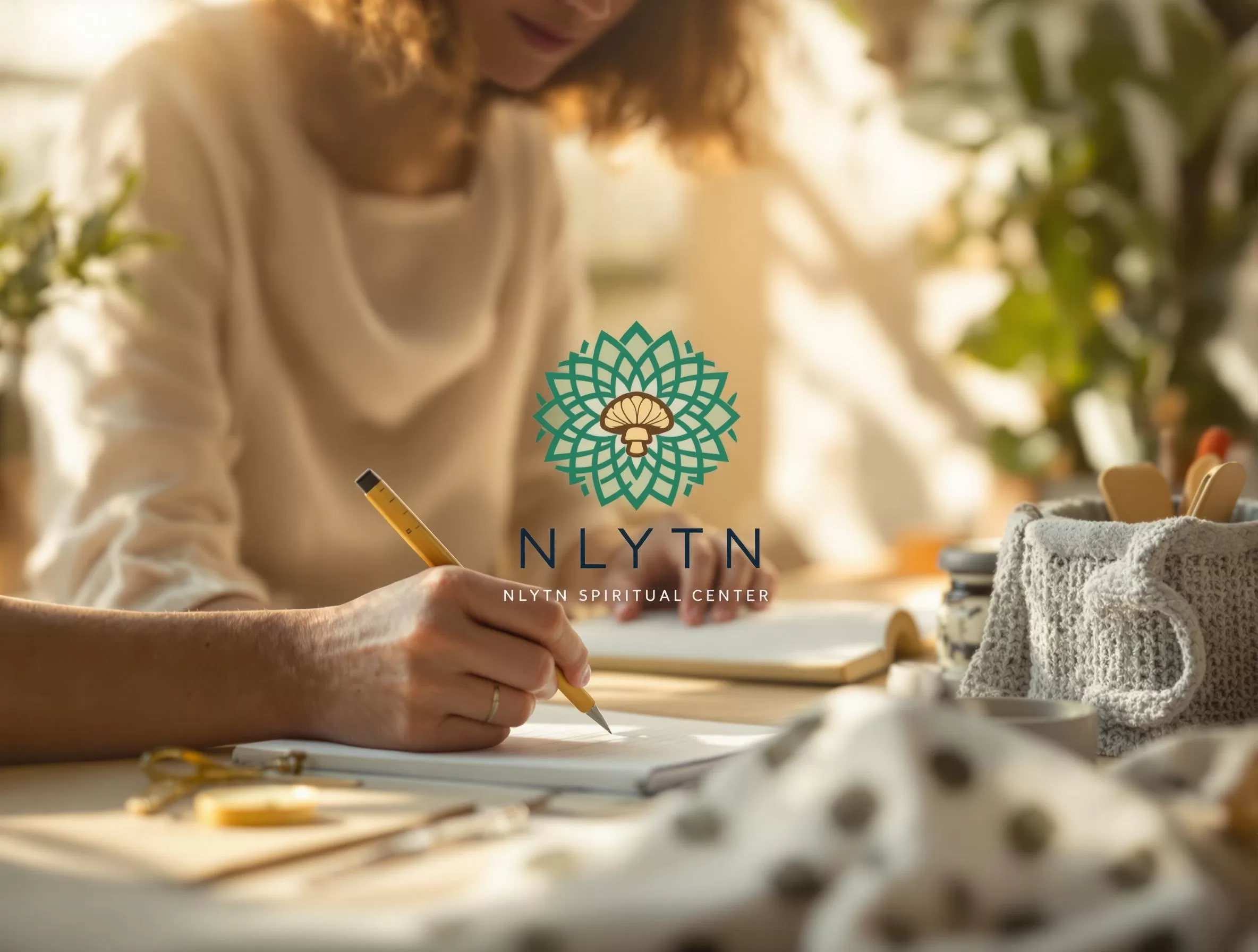 Peaceful wellness preparation scene featuring the NLYTN Spiritual Center logo, representing structured safety and community support for responsible microdosing practices